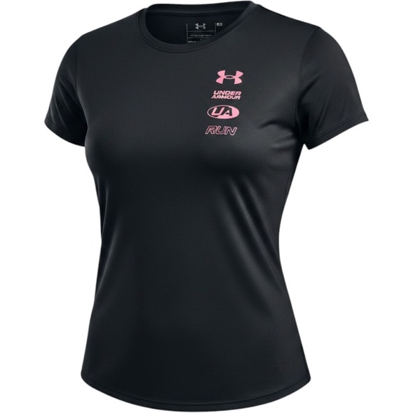 Under Armour Tops - Under Armour Run Womens Black Pink Graphic Mesh Back Performance‎ Tee Shirt LG